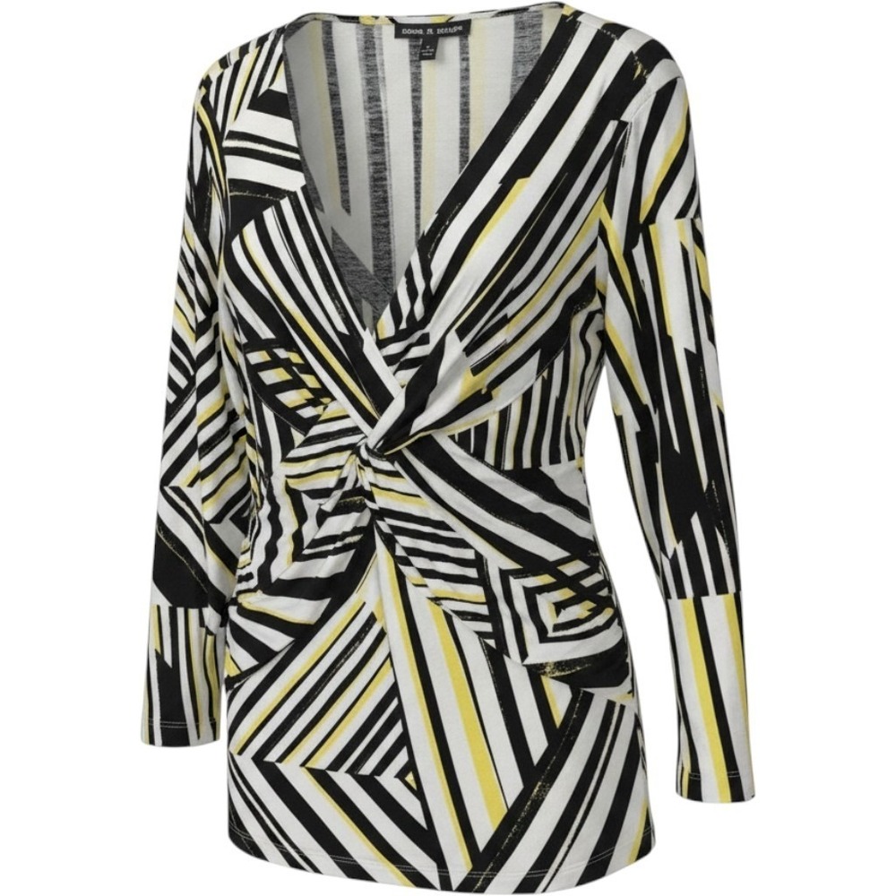 Cable & Gauge Womens Large Geometric Stripe Twist Front V-Neck Top Dandelion NWT